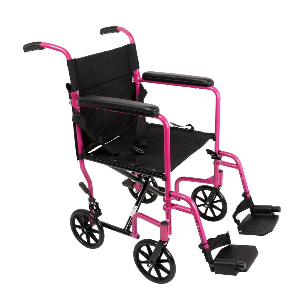 The ProBasics Aluminum Lightweight Transport Chair is a pink, lightweight folding wheelchair with black seat, backrest, armrests, and footrests. It features four small wheels, push handles, and is designed for easy mobility and convenient storage.
